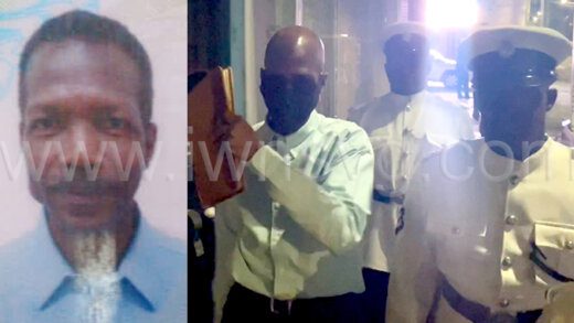 Mitchel Israel uses a number of means to hide his face as he is led back to prison on Wednesday, Aug. 16, 2023 after being found guilty of the Jan. 30, 2020 murder of his wife, Arianna Taylor-Israel. He is seen in an inset photo at left.