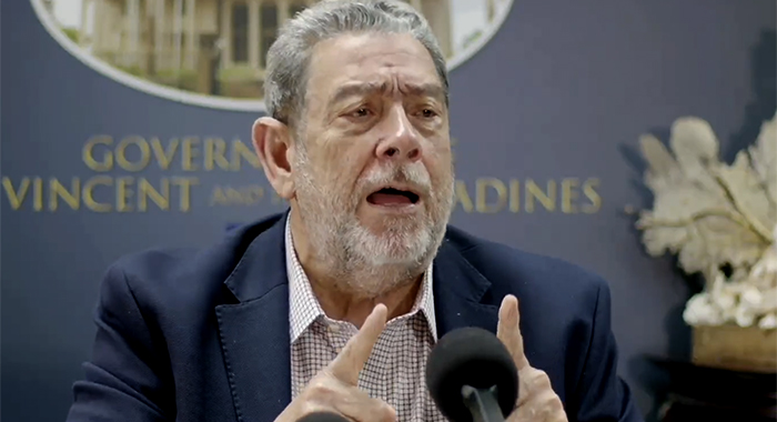 Prime Minister Ralph Gonsalves speaking at a press conference in Kingstown on Tuesday, Aug. 29, 2023.