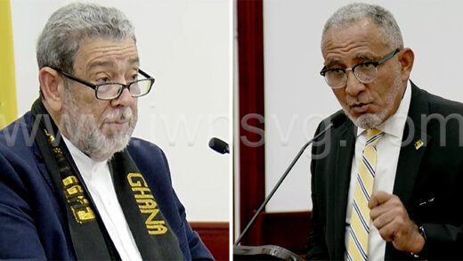 Prime Minister Ralph Gonsalves, left, and Opposition Leader Godwin Friday speaking in Parliament on Thursday, Sept. 7, 2023.