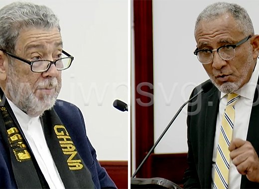 Prime Minister Ralph Gonsalves, left, and Opposition Leader Godwin Friday speaking in Parliament on Thursday, Sept. 7, 2023.