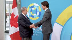 Prime Minister of St. Vincent and the Grenadines, left, greets his Canadian counterpart, Justin Trudeau in Ottawa.