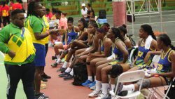 Coach Vasha Adams interacts with her Vincy Jewels team during the half-time break in the game against Grenada. (Photo by Robertson S. Henry) 