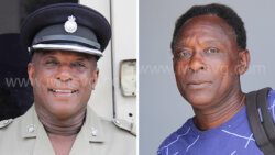 Superintendent of Police Joel James, left, and his brother Winston James in a montage of photos taken outside Kingstown Magistrate's Court on Thursday, Oct. 26, 2023.