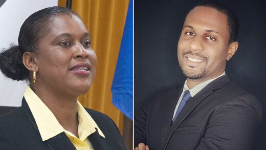 Opposition Senator Shevern Lewis-John, left, and lawyer, Jemalie John, challenged in court the decision of the government to restrict parking in the Courthouse yard.