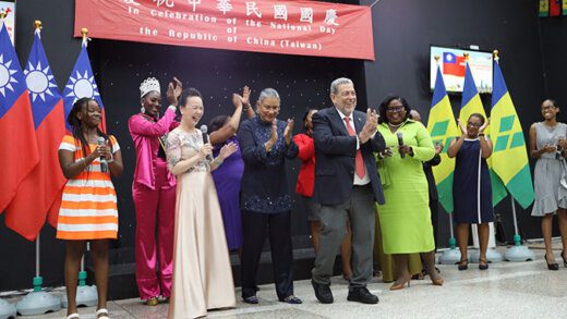 From left: Taiwan Ambassador to SVG, Fiona Huei Chun Fan, Eloise Gonsalves, wife of Prime Minister Ralph Gonsalves, PM Gonsalves, and SVG's Minister of Foreign Affairs, Sen. Keisal Peters, at the Taiwan National Day celebrations in Kingstown on Oct. 9, 2023. (API photo)