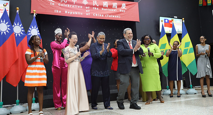 From left: Taiwan Ambassador to SVG, Fiona Huei Chun Fan, Eloise Gonsalves, wife of Prime Minister Ralph Gonsalves, PM Gonsalves, and SVG's Minister of Foreign Affairs, Sen. Keisal Peters, at the Taiwan National Day celebrations in Kingstown on Oct. 9, 2023. (API photo)