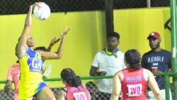 Vincy Jewels goal-attack Shellisa Davis collects a pass in the opening night's fixture against the Cayman Islands. (Photo: Robertson S. Henry)