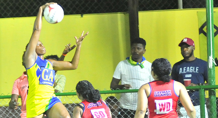 Vincy Jewels goal-attack Shellisa Davis collects a pass in the opening night's fixture against the Cayman Islands. (Photo: Robertson S. Henry)
