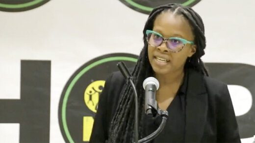 NDP public relations Officer, Lavern King speaking at the party's "Hope For Home" town hall meeting in New York on Sunday, Oct. 8, 2023. 
