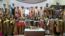 Prime Minister of St. Vincent and the Grenadines, Ralph Gonsalves, centre rear, pose with former president of the Nigeria, Olusegun Obasanjo pose with faculty and students of Bells University of Technology of Nigeria on Friday, Nov. 3, 2023. (Photo: API)