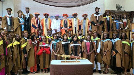 Prime Minister of St. Vincent and the Grenadines, Ralph Gonsalves, centre rear, pose with former president of the Nigeria, Olusegun Obasanjo pose with faculty and students of Bells University of Technology of Nigeria on Friday, Nov. 3, 2023. (Photo: API)