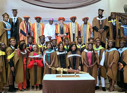 Prime Minister of St. Vincent and the Grenadines, Ralph Gonsalves, centre rear, pose with former president of the Nigeria, Olusegun Obasanjo pose with faculty and students of Bells University of Technology of Nigeria on Friday, Nov. 3, 2023. (Photo: API)