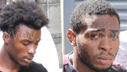 The defendants, Delroy Harry, left, and Corey Anderson outside the Serious Offences Court on Monday, Nov. 13, 2023.