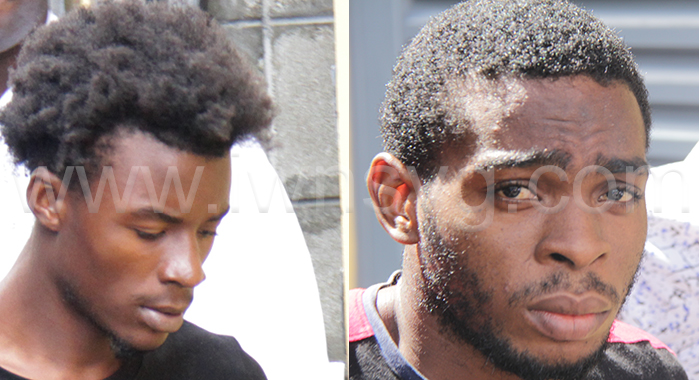 The defendants, Delroy Harry, left, and Corey Anderson outside the Serious Offences Court on Monday, Nov. 13, 2023.