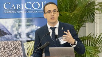 Climatologist at the Barbados-based Caribbean Institute for Meteorology and Hydrology (CIMH), Cédric Van Meerbeeck, speaking at the Climate Outlook Forum in Dominica on Wednesday, Nov. 29, 2023.