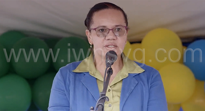 Hospital Administrator speaking at the handing over of houses in Sandy Bay on Oct. 26, 2023. When she was introduced, there was no indication of the capacity in which she was speaking.
