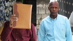 Michael Israel uses a portfolio to hide his face after he was sentenced to 38 years in prison for murder on Monday, Nov. 6, 2023. He is seen at left in an 2020 Searchlight photo.