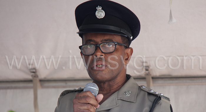 Assistant Superintendent of Police Nigel Butcher. speaking at the peace rally in Layou on Nov. 24, 2023.