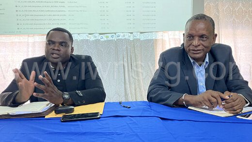 Otashie Spring, president of SV United and first vice-president of SVGFF, left, and former president of SVGFF, Venold Coombs at the press conference in Kingstown, on Monday, Nov. 13, 2023. 