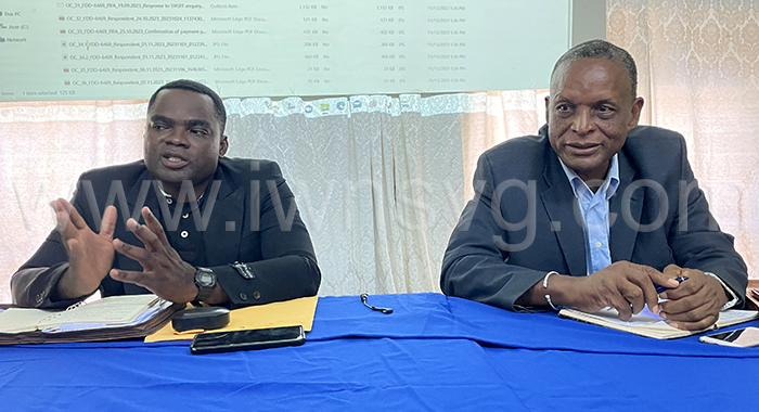 Otashie Spring, president of SV United and first vice-president of SVGFF, left, and former president of SVGFF, Venold Coombs at the press conference in Kingstown, on Monday, Nov. 13, 2023. 