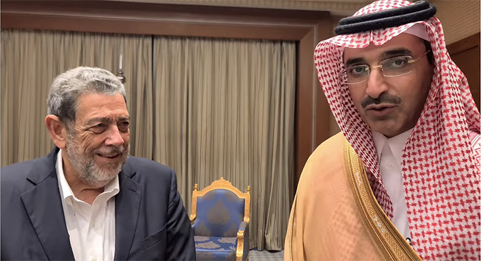 Prime Minister of St. Vincent and the Grenadines, Ralph Gonsalves, left and CEO of the Saudi Fund for Development, Sultan bin Abdulrahman Al-Marshad.