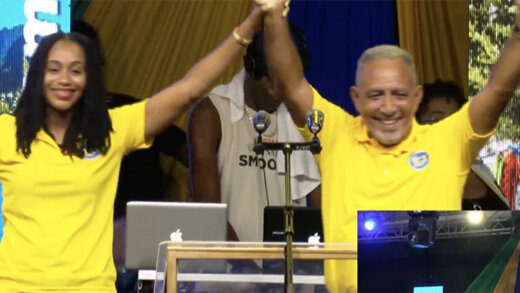 Jamaican MP Rhoda Moy Crawford, left and SVG's Opposition Leader Godwin Friday at the NDP's "Hope for Youth" Rally in Campden Park on Saturday, Nov. 18, 2023.