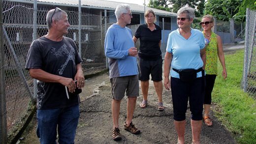 Wesley Mofford of WindBlow Valley Ranch, Richard Kirkpatrick of Stein Learning Gardens, Marianne Thomsen and Eva Nielsen of The GAIA Movement, and Stina Herberg of Richmond Vale Academy during a visit of Windblow Valley Ranch in Belmont, St. Vincent.