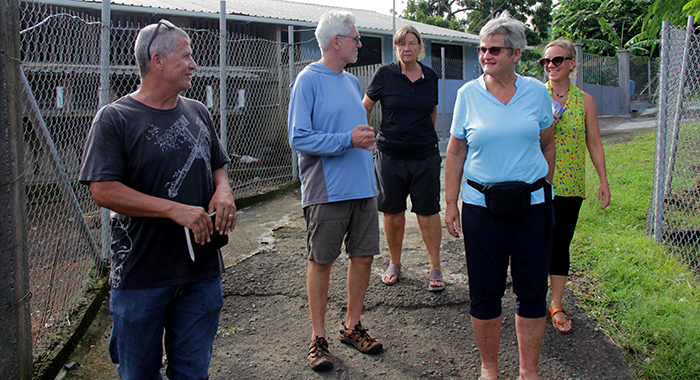 Wesley Mofford of WindBlow Valley Ranch, Richard Kirkpatrick of Stein Learning Gardens, Marianne Thomsen and Eva Nielsen of The GAIA Movement, and Stina Herberg of Richmond Vale Academy during a visit of Windblow Valley Ranch in Belmont, St. Vincent.