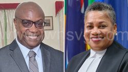 Senior Magistrate Colin John, right, Chief Justice and chair of the Judicial & Legal Service Commission, Dame Janice M. Pereira.