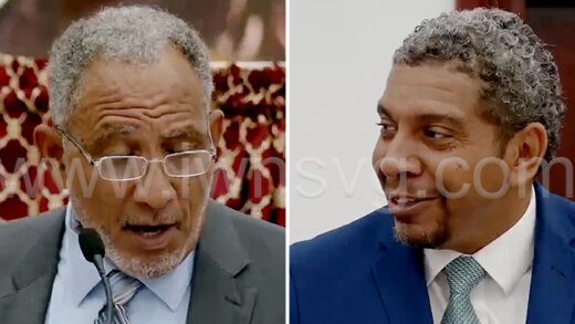 Opposition Leader Godwin Friday, left, and Minister of Finance, Camillo Gonsalves speaking during the estimates debate on Dec. 19, 2023.