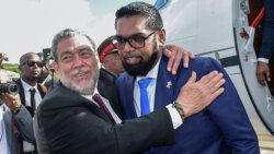 Prime Minister of St. Vincent and the Grenadines, Ralph Gonsalves and President of Guyana, Irfaan Ali at Argyle International Airport on Thursday, Dec. 14, 2023. 