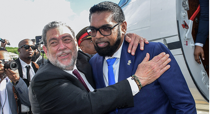 Prime Minister of St. Vincent and the Grenadines, Ralph Gonsalves and President of Guyana, Irfaan Ali at Argyle International Airport on Thursday, Dec. 14, 2023. 