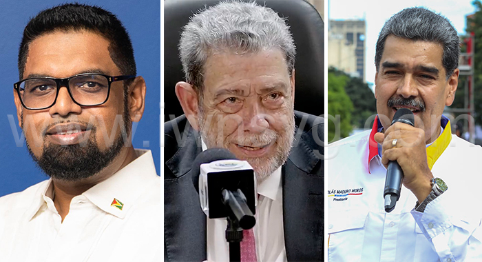 From left: Guyana’s President Irfan Ali, SVG’s PM Ralph Gonsalves and Venezuela’s President Nicolas Maduro.