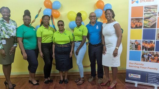 From left:  Annekah Kirby of Massy Stores, Lerisia Douglas of GreaterPurpose SVG, representatives of the Voice of the Disabled, Clyde Fitzpatrick of Catholic Soup Kitchen and Traceeanne McDonald-John of Massy Stores. 