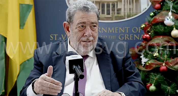Prime Minister Ralph Gonsalves speaking at a press conference in Kingstown on Thursday, Dec. 7, 2023.