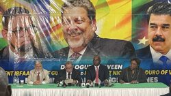 St. Vincent and the Grenadines Prime Minister Dr. Ralph Gonsalves, second from left, flanked by CARICOM and Dominica’s Prime Minister, Roosevelt Skerrit, Barbados Prime Minister Mia Mottley and Celso Amorim, Special Adviser and Personal Envoy of the Brazilian President (CMC Photo)