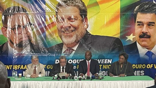 St. Vincent and the Grenadines Prime Minister Dr. Ralph Gonsalves, second from left, flanked by CARICOM and Dominica’s Prime Minister, Roosevelt Skerrit, Barbados Prime Minister Mia Mottley and Celso Amorim, Special Adviser and Personal Envoy of the Brazilian President (CMC Photo)