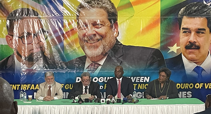 St. Vincent and the Grenadines Prime Minister Dr. Ralph Gonsalves, second from left, flanked by CARICOM and Dominica’s Prime Minister, Roosevelt Skerrit, Barbados Prime Minister Mia Mottley and Celso Amorim, Special Adviser and Personal Envoy of the Brazilian President (CMC Photo)