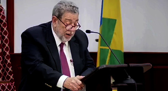 Prime Minister Ralph Gonsalves speaking during the Budget Debate on Tuesday, Jan. 9, 2023.