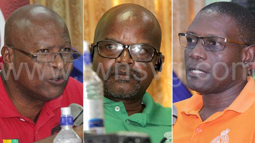 From left: President of the SVG Teachers Union, Oswald Robinson, President of the Public Service Union, Elroy Boucher and Chairman of the Police Welfare Association, Sergeant Daniel Prescott in March 17, 2023 photos. 