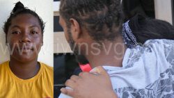 A man uses his body to shield the defendant, Terrica Patterson, left, from reporters as she leaves the Kingstown Magistrate's Court on Monday, Jan. 15, 2024.