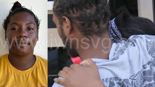 A man uses his body to shield the defendant, Terrica Patterson, left, from reporters as she leaves the Kingstown Magistrate's Court on Monday, Jan. 15, 2024.