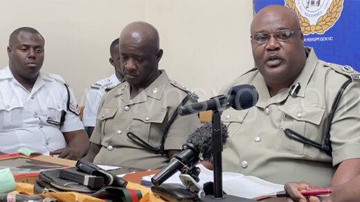 Acting Assistant Commissioner of Police Trevor “Buju” Bailey, right, and other police officers at the press conference in Kingstown on Jan. 3, 2024. 