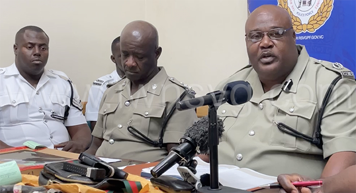 Acting Assistant Commissioner of Police Trevor “Buju” Bailey, right, and other police officers at the press conference in Kingstown on Jan. 3, 2024. 