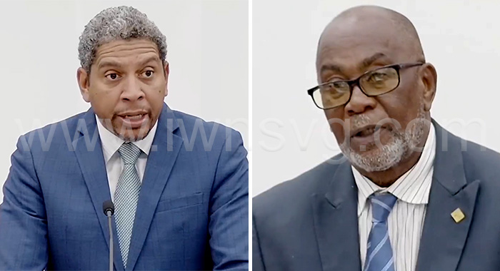 Minister of Finance Camillo Gonsalves, left, and Central Kingstown MP, opposition lawmaker St. Clair Leacock in Parliament on Thursday, Feb. 22, 2024.