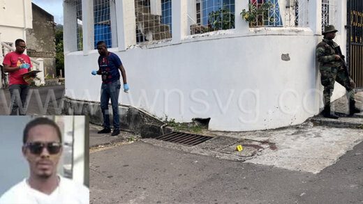 Police officers at the scene of the shooting in Blook 2000 on Monday, Feb. 12, 2024. Inset: the deceased, Eyon Browne, in an undated social media photo.