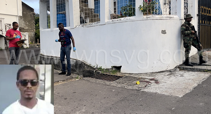 Police officers at the scene of the shooting in Blook 2000 on Monday, Feb. 12, 2024. Inset: the deceased, Eyon Browne, in an undated social media photo.