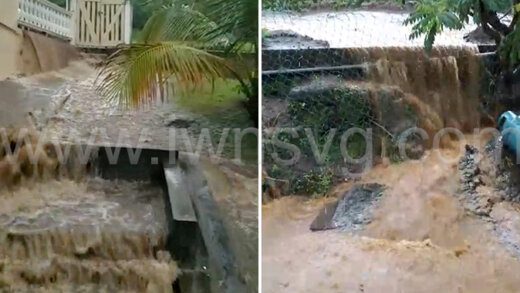 Rain water floods properties in Brighton, left, and Dondo Hole, Park Hill a few weeks ago.