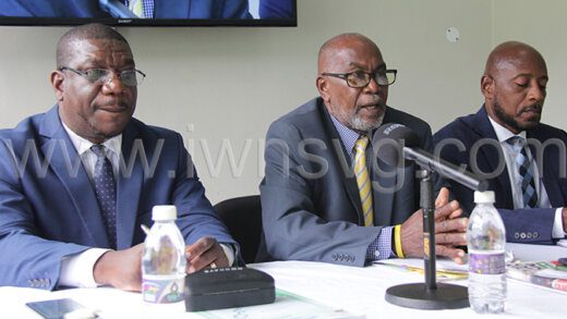 From left: Senator Israel Bruce, MP St. Clair Leacock and Fitz Bramble at the New Democratic Party's press conference in Kingstown on Wednesday, Feb. 21, 2023.