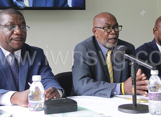 From left: Senator Israel Bruce, MP St. Clair Leacock and Fitz Bramble at the New Democratic Party's press conference in Kingstown on Wednesday, Feb. 21, 2023.
